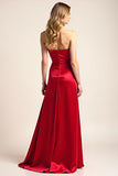 A Line Strapless Red Satin Long Formal Dress