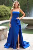 Royal Blue A Line Strapless Ruffled Formal Dress with Slit