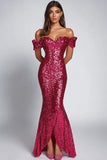Fuchsia Sparkly Sequined Off the Shoulder Mermaid Formal Dress