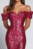 Fuchsia Sparkly Sequined Off the Shoulder Mermaid Formal Dress