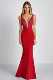 Elegant Sheath Deep V-Neck Red Beaded Long Formal Dress