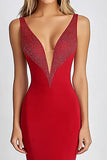 Elegant Sheath Deep V-Neck Red Beaded Long Formal Dress