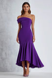 Plum Off the Shoulder Sheath Tea-Length Formal Dress with Ruffles