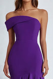 Plum Off the Shoulder Sheath Tea-Length Formal Dress with Ruffles