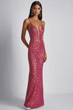 Sparkly Sequined Fuchsia Spaghetti Straps Sheath Long Formal Dress