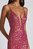 Sparkly Sequined Fuchsia Spaghetti Straps Sheath Long Formal Dress