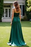 Dark Green A Line Satin Ruched Long Formal Dress