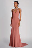 Pink Halter Sheath Floor Length Formal Dress with Beading