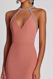 Pink Halter Sheath Floor Length Formal Dress with Beading