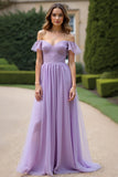 A Line Off the Shoulder Lilac Long Formal Dress with Lace