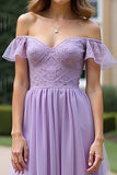 A Line Off the Shoulder Lilac Long Formal Dress with Lace