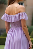 A Line Off the Shoulder Lilac Long Formal Dress with Lace