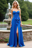 Royal Blue Sweetheart Ruffled A Line Long Formal Dress with Slit
