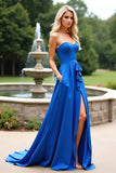 Royal Blue Sweetheart Ruffled A Line Long Formal Dress with Slit