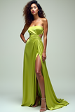 Lemon Green Square Neck Cut Out Long Formal Dress with Slit