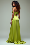 Lemon Green Square Neck Cut Out Long Formal Dress with Slit
