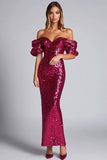 Fuchsia Off the Shoulder Sparkly Sheath Sequined Long Formal Dress