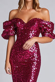 Fuchsia Off the Shoulder Sparkly Sheath Sequined Long Formal Dress