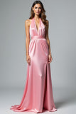 Pink Halter Satin Sheath Long Formal Dress with Slit