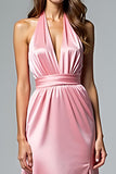 Pink Halter Satin Sheath Long Formal Dress with Slit