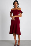 Burgundy Off the Shoulder Sheath Knee-Length Formal Dress