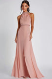 Halter A Line Pink Sleeveless Beaded Long Formal Dress