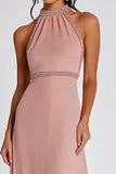 Halter A Line Pink Sleeveless Beaded Long Formal Dress