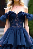 Off the Shoulder Navy A Line Tiered Tea-Length Formal Dress with Ruffles