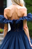 Off the Shoulder Navy A Line Tiered Tea-Length Formal Dress with Ruffles