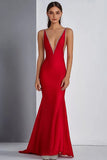 Elegant Sheath V-Neck Red Long Formal Dress with Beading