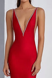 Elegant Sheath V-Neck Red Long Formal Dress with Beading