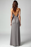 Grey Spaghetti Straps Sheath Backless Long Formal Dress with Slit