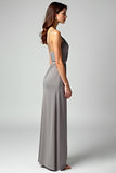 Grey Spaghetti Straps Sheath Backless Long Formal Dress with Slit