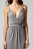 Grey Spaghetti Straps Sheath Backless Long Formal Dress with Slit