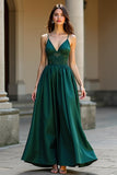 Dark Green V Neck A Line Satin Long Formal Dress