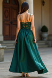 Dark Green V Neck A Line Satin Long Formal Dress