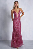 Sparkly Sheath Fuchsia Sequined Deep V-Neck Long Formal Dress