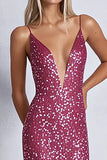 Sparkly Sheath Fuchsia Sequined Deep V-Neck Long Formal Dress