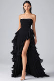 Black Strapless Ruffled Long Chiffon Formal Dress with Slit