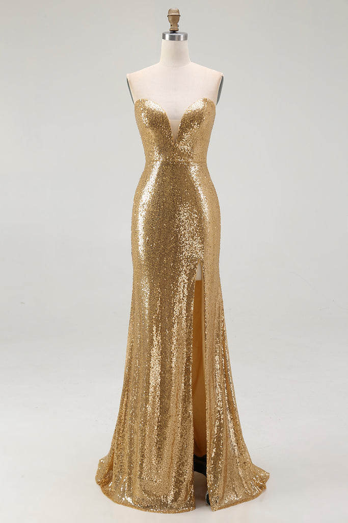Leely Women Sparkly Gold Mermaid Long Sequin Formal Dress with Slit
