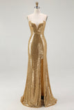 Sparkly Strapless Gold Mermaid Sequined Formal Dress with Slit