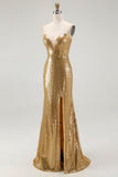 Sparkly Gold Strapless Mermaid Sequin Formal Dress with Slit