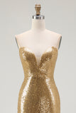Sparkly Gold Strapless Mermaid Sequin Formal Dress with Slit
