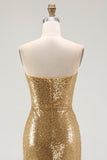 Sparkly Gold Strapless Mermaid Sequin Formal Dress with Slit