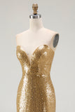 Sparkly Gold Strapless Mermaid Sequin Formal Dress with Slit