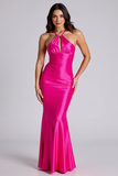 Halter Fuchsia Mermaid Keyhole Satin Long Formal Dress