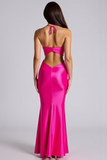 Halter Fuchsia Mermaid Keyhole Satin Long Formal Dress