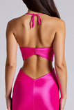 Halter Fuchsia Mermaid Keyhole Satin Long Formal Dress