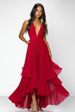 A Line Red V-Neck Ruffled Chiffon Long Formal Dress