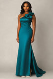 Peacock One Shoulder Satin Bowknot Long Formal Dress with Slit